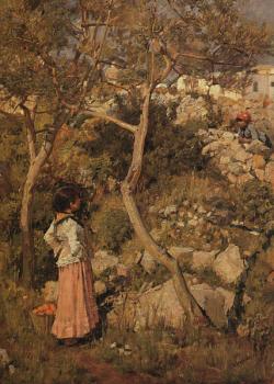 John William Waterhouse : Two Little Italian Girls by a Village